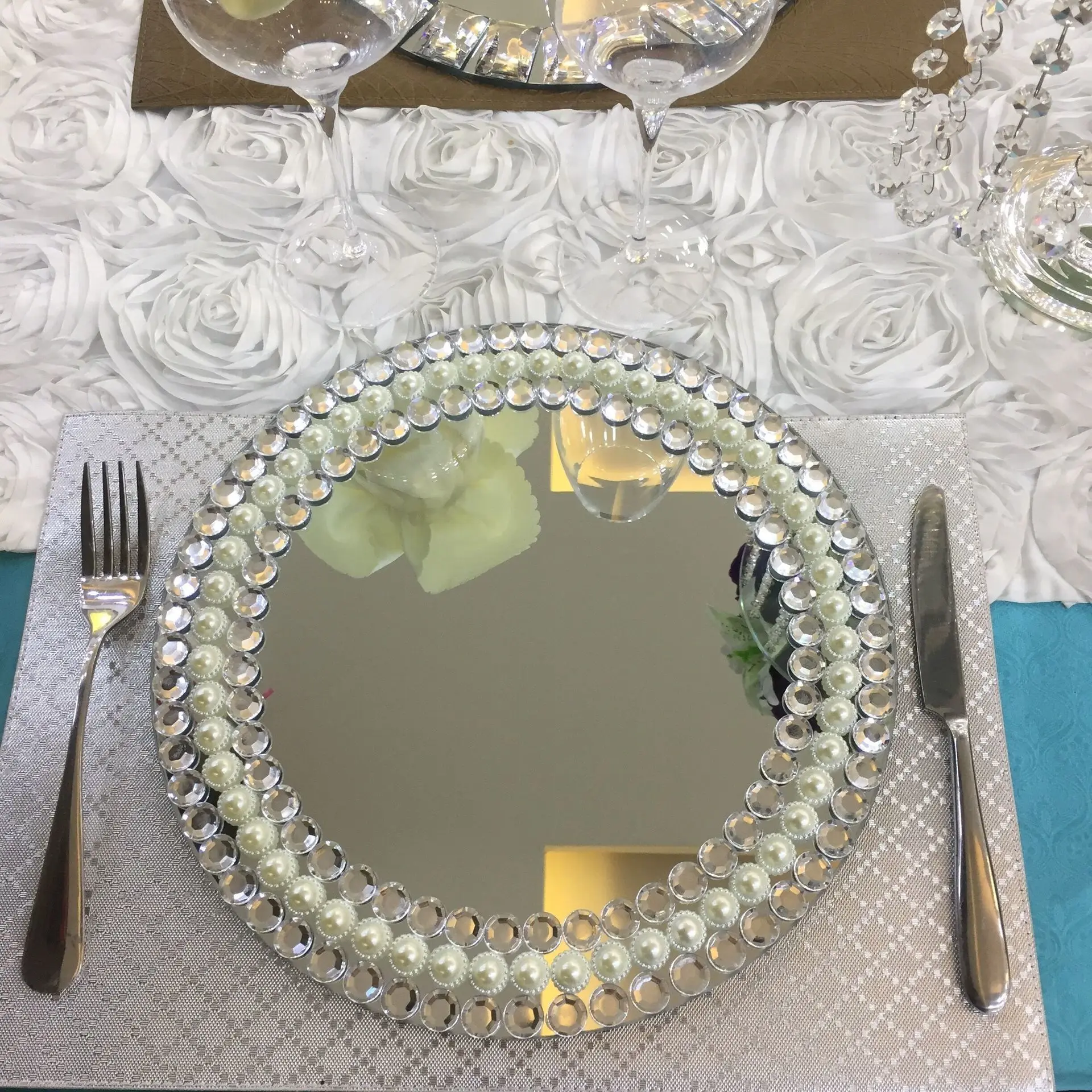 10pcs Wedding diamond-encrusted mirror display plate three rows of diamond glass plate Handmade pearl white beads display plate