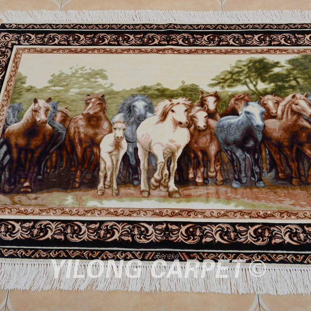 Yilong 3'x4' Antique horse design silk carpet exquisite persian tapestry rugs (1201)