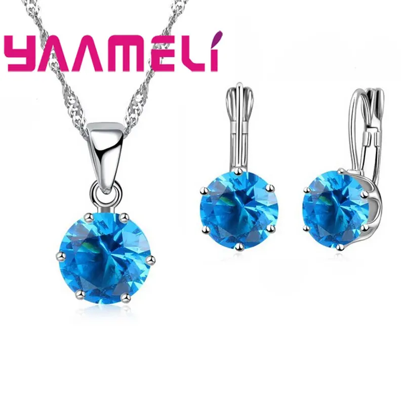 Factory Price 17 Colors Women Wedding Fashion 925 Sterling Silver Pendant Necklace Earrings Jewelry Sets Wholesale