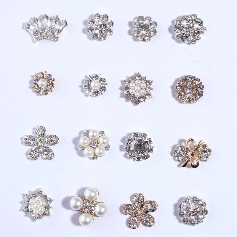 Chic Crystal Clear Rhinestone Botões, pérolas marfim para convites de casamento, botão decorativo liga de metal, U Pick, 10pcs