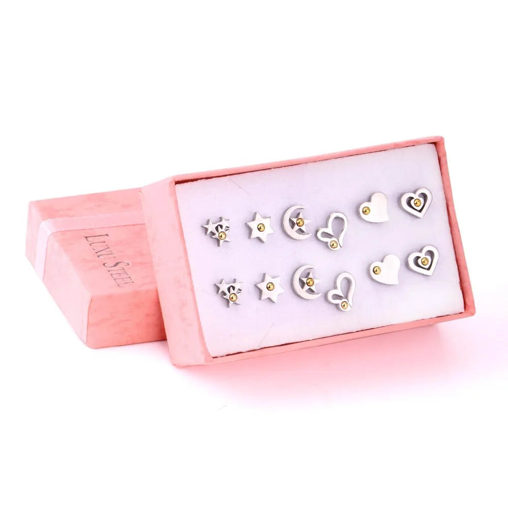 LUXUKISSKIDS 6Pairs/Box Stainless Steel Pendientes Stud Earrings set Heart Star For Women Christmas Earrings Korean Brincos 2020