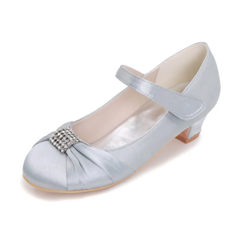 

Elegant girls satin low square heel flower girl wedding dress shoes concise heels rounded toe prom queen quinceanera rhinestones