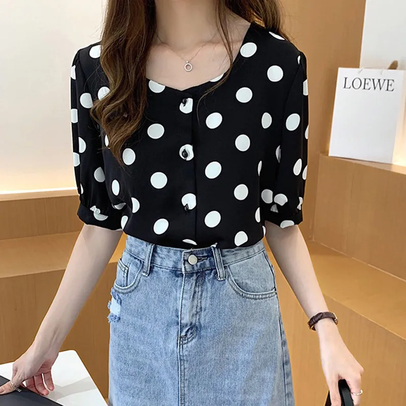 2020 Women Summer Polka Dot Loose Blouses O Neck Short Sleeve Dot Print Button Up Chiffon Blouse