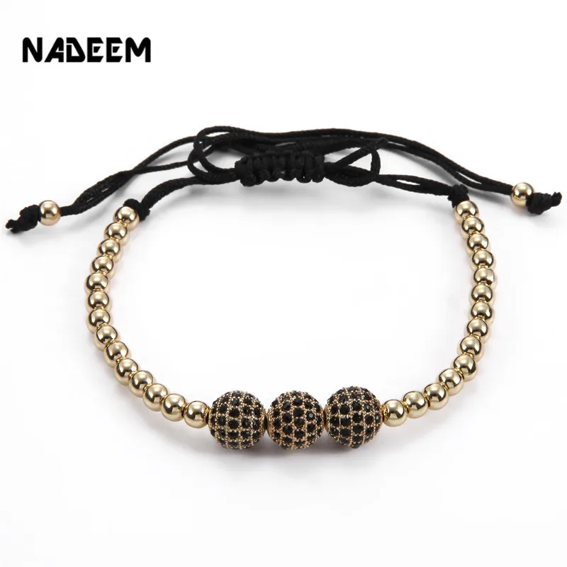 NADEEM Drop Shipping Gold Color Anil Arjandas 8mm Pave Setting Black CZ Copper Ball Bead Braiding Bracelet Women Gift Jewelry