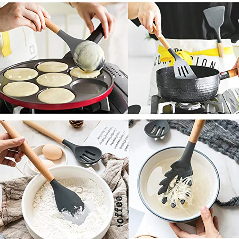 WALFOS Food Grade Silicone Wood Handle Cooking Utensils Cookware Kitchen Cooking Tools Spatula And Ladle Kitchenware