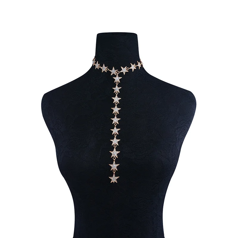 KMVEXO Luxury Gold Color Long Five Pointed Stars Choker Necklace 2018 New Crystal Rhinestone Necklace Women Fashion Body Jewelry