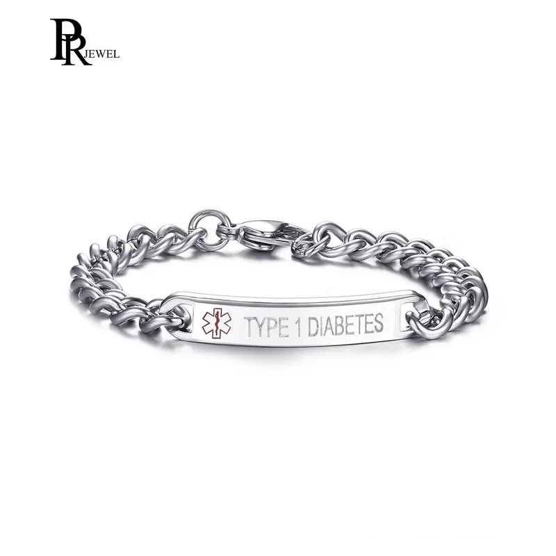 Engraved Medical Alert Link Chain Bracelet Stainless Steel Not allergic-ID Tag TYPE 1 DIABETES