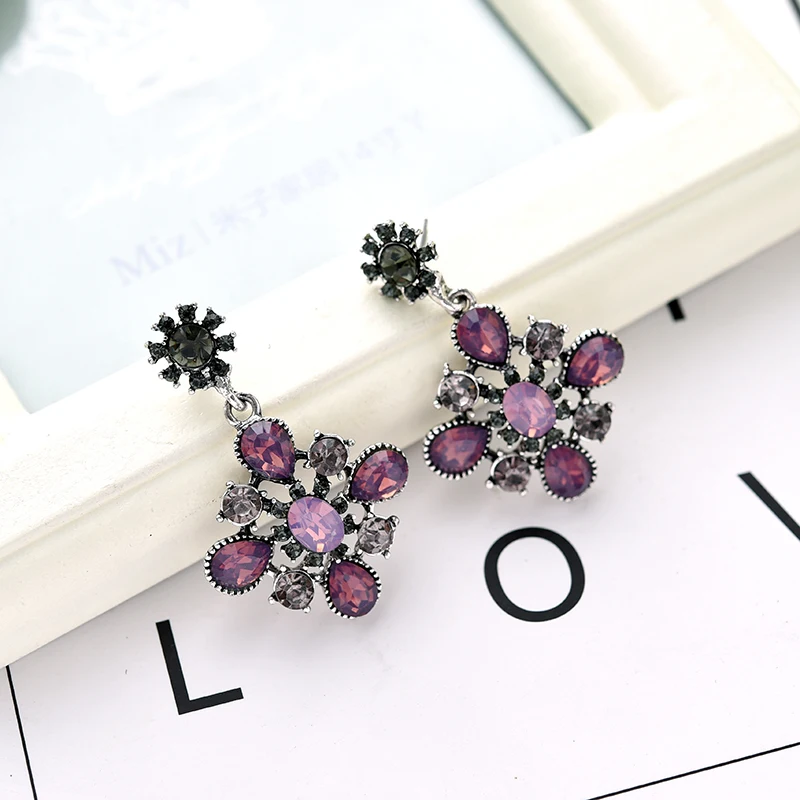 LUBOV Noble Purple Crystal Stone Pendant Dangle Earrings Trendy Flower Geometric Drop Earrings Trendy Women Party Jewelry 2019