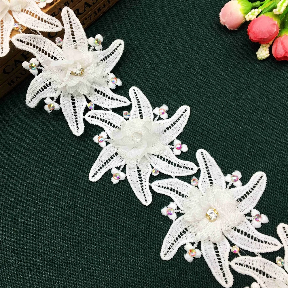 1 quintal starfish flores 3d diamante chiffon bordado laço guarnição fita tecido costura artesanato para traje vestido de casamento decoração