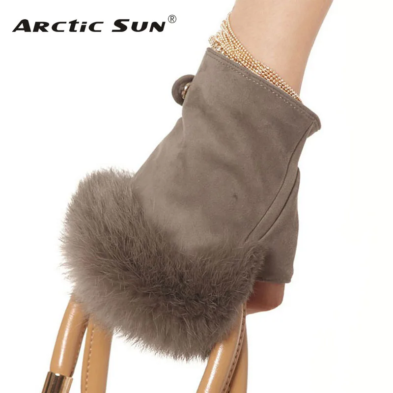 Fashion Suede Leather Gloves Rabbit Hair Wrist Fingerless Mittens For Women High Quality Half Finger Female Mitten EL019NC