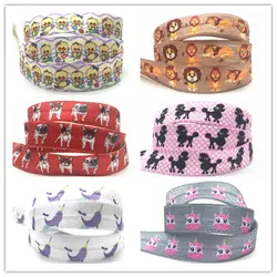 15mm 10Y New Ribbon Duck Lion Dogs Cow Print Fold Over Elastic Cartoon Animal FOE For Headwear  Diy Party Decoration Accessories