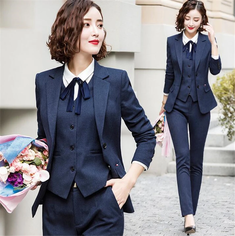 Formal Navy 3 Piece Sets Work Pant Suits OL Single Breasted Women Blazer Jacket & Zipper Trousers & Vest Suit For Women Set