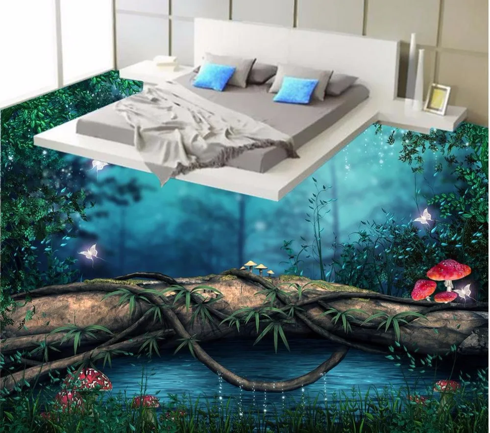 

Modern Sticker 3D Floor Painted Forest Single Wooden Bridge 3D Flooring PVC Wall Paper Self-adhesive Floor Mural