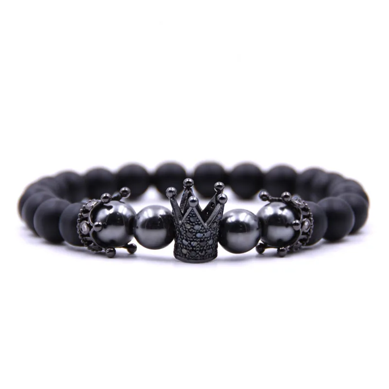 Ncrorcn Trendy Natuurlijke Kralen Streng Armband Micro Pave Zirkoon Black Lava Rock Steen Energie Mannen Crown Armbanden Sieraden