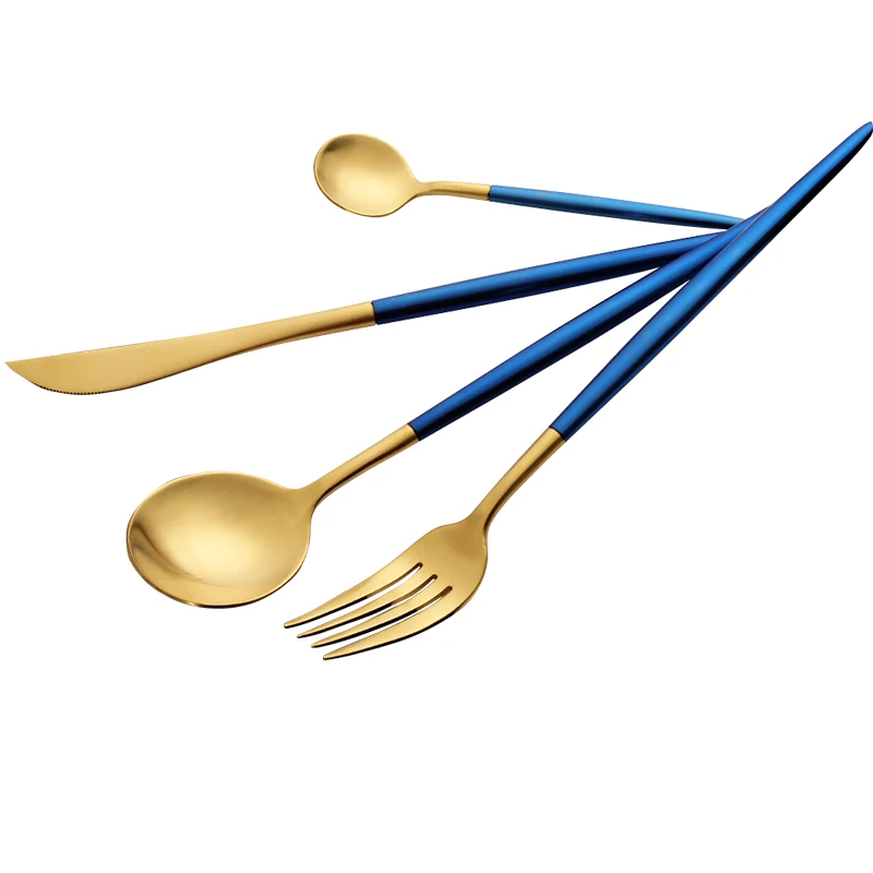 4/8/16/24PCS Golden Blue Wedding Dinner Set Western Cutlery Knife Fork Scoops Kitchen Food Dinnerware Set Kitchen Accessories