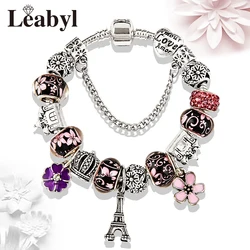 5 Colors Paris Eiffel Tower Bead Bracelet Cute Flower Crystal Charm Bracelets & Bangles for Women Diy Jewelry Gift