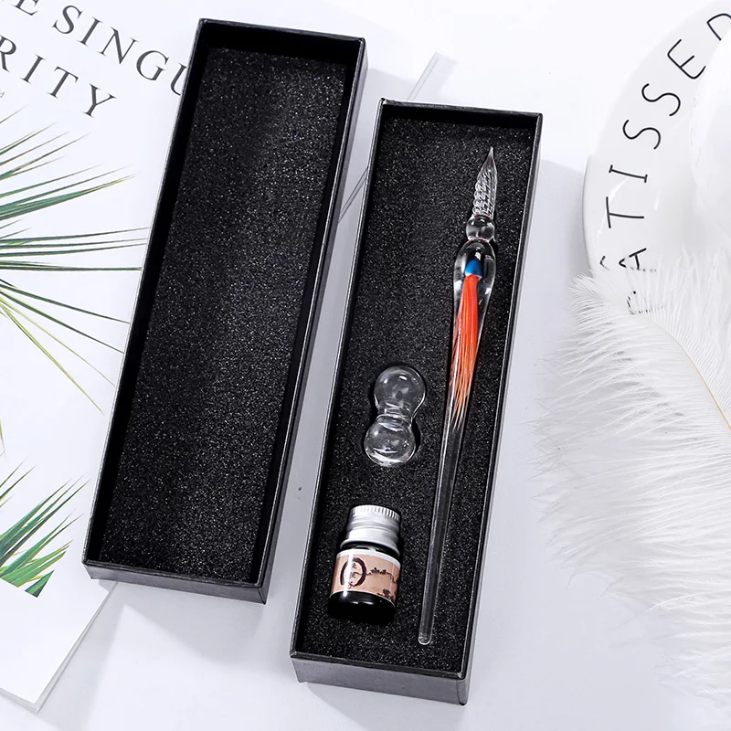 Kwallen Glas Dip Pen Crystal Touch Water Zilveren Transparante Kleur Inkt Pen Geschenkdoos