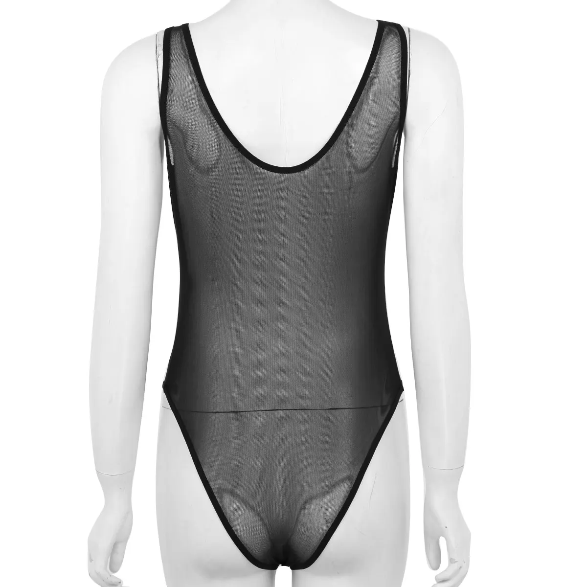 Sexy Women One-piece Bodysuit See Through Sheer Mesh Deep U-neck Sleeveless Front Zippered High Cut Teddy Babydoll Bodysuit
