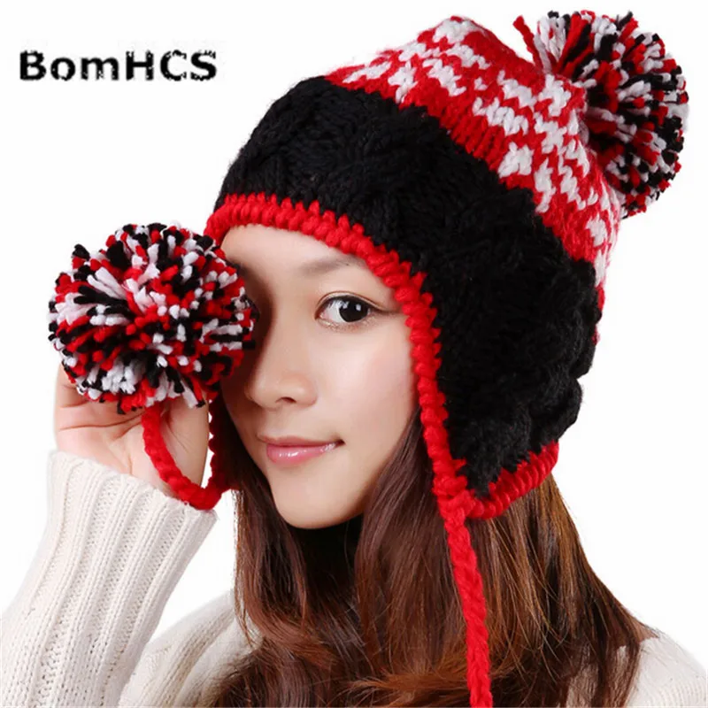 BomHCS Fashion New Winter Warm Ski Ear Muff Beanie Women Lady Handmade Wool Knitted Hat Cap