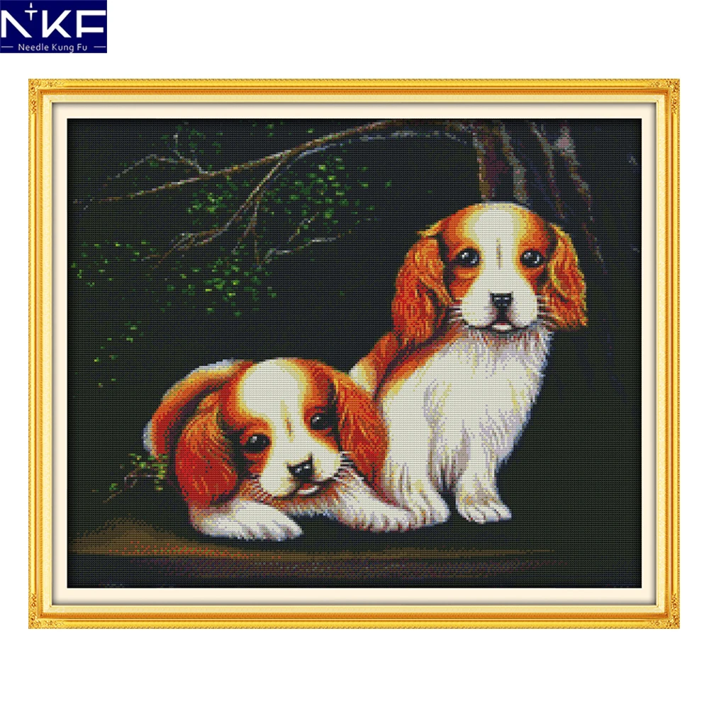 

NKF Two Dogs Cross Stitch Pattern Handmade Craft Painting Needlework Embroidery Kit Animal Cross Stitching for Home Decor