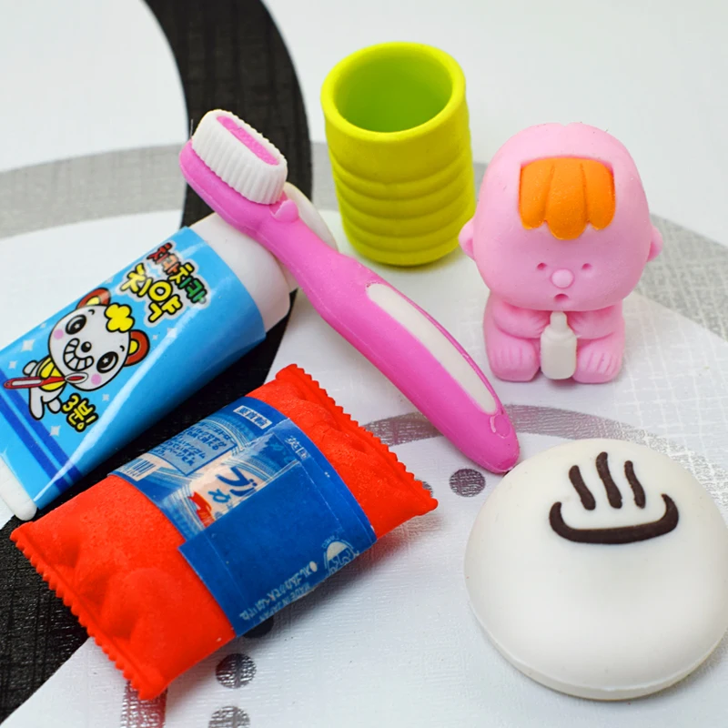 6Pcs/Set Kawaii Lovely Toothpaste Erasers For School Kids Gifts Removable Teeth Rubber School Office Correct Stationery Supplies