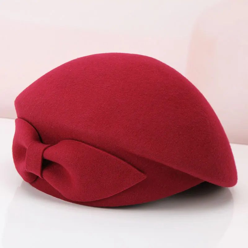 Lady Wool Fedoras Hat British Retro Woolen Bow Beret Cap Female Bowtie Party Painter Hat Stewardess Fashion Cap B-8900