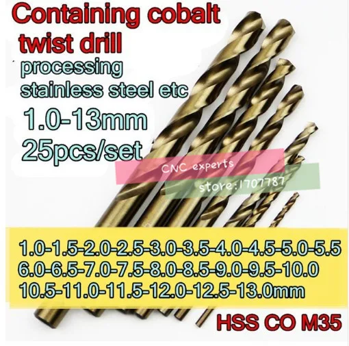 

1.0-13.0mm 25pcs/set HSS CO5% M35 Containing cobalt Twist drill Processing stainless steel etc. Free shipping