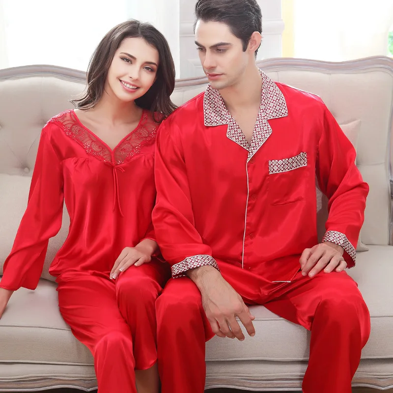 

Couples Silk Wedding Sleepwear Men's Nightgown Silkly Satin Mens Pajamas Sleepwear Classic Long Sleeved Homewear 2pcs D-2162