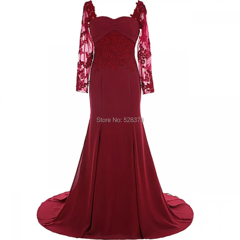 

YNQNFS Real Photos MD17 Lace Appliqued Chiffon Elegant Long Sleeves Mother of the Bride/Groom Dresses Burgundy 2019