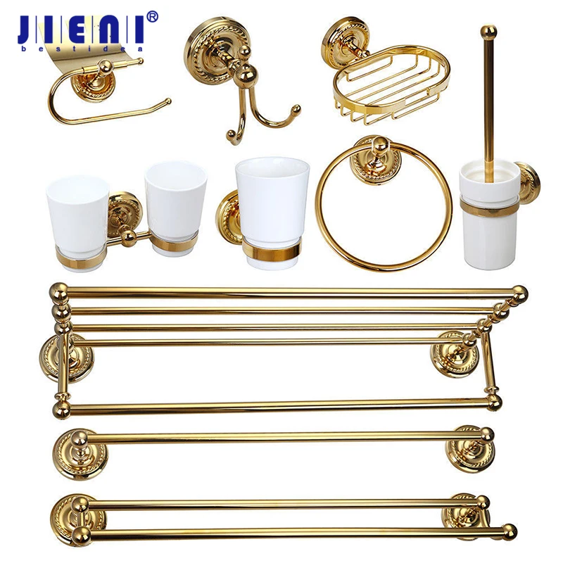 JIENI Luxury Golden Plated Bathroom Hardware Shelf Soap Dish Toilet Holder & Tooth Brush Holder Bath Hardware Sets Accessories