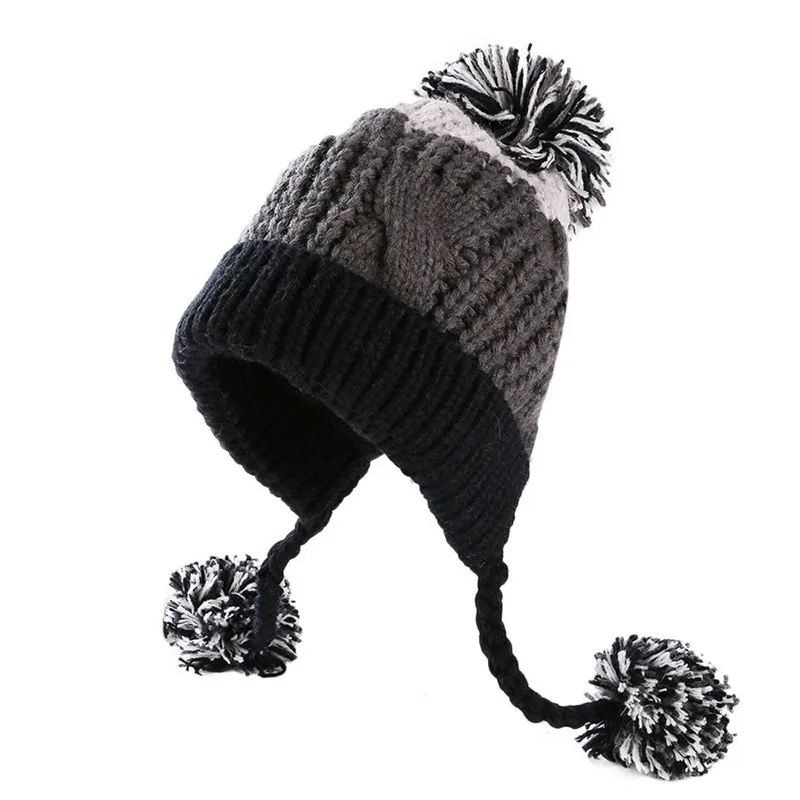 BomHCS Winter Handmade Knitted Stitching Color Beanie Hat Women Earflaps Caps