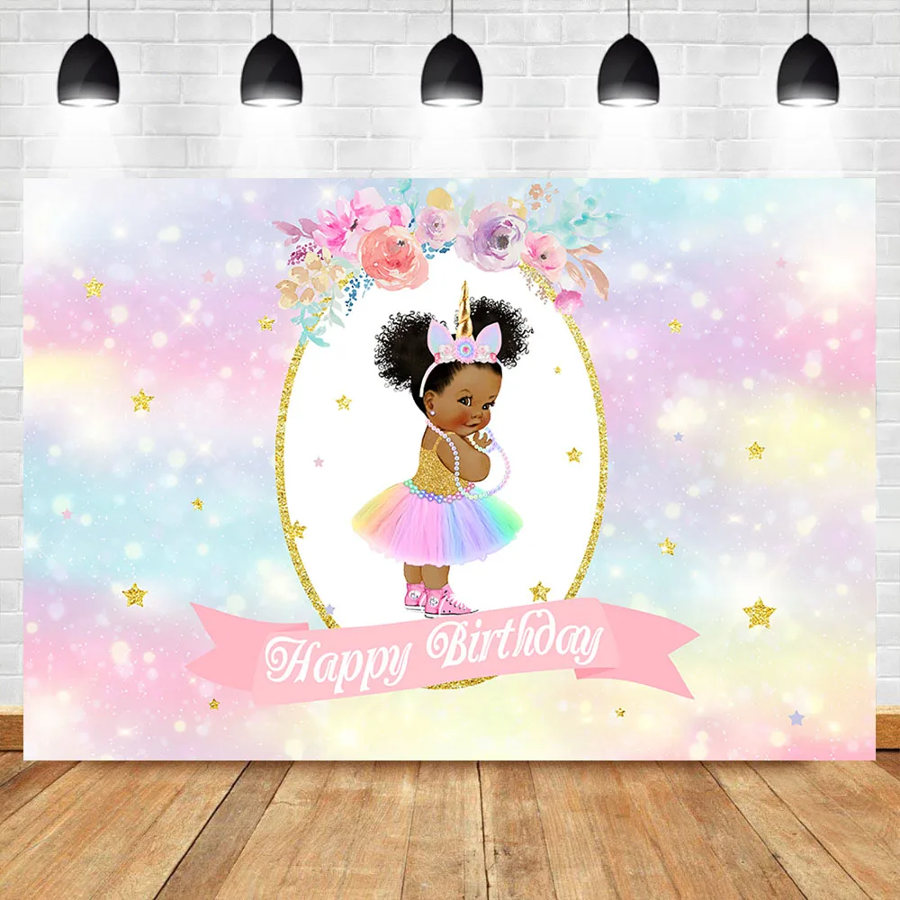 

Mocsicka Royal Girl Happy Birthday Party Backdrop Dark Skin Girl Unicorn Background Photography Glitter Bokeh Shiny Backdrops