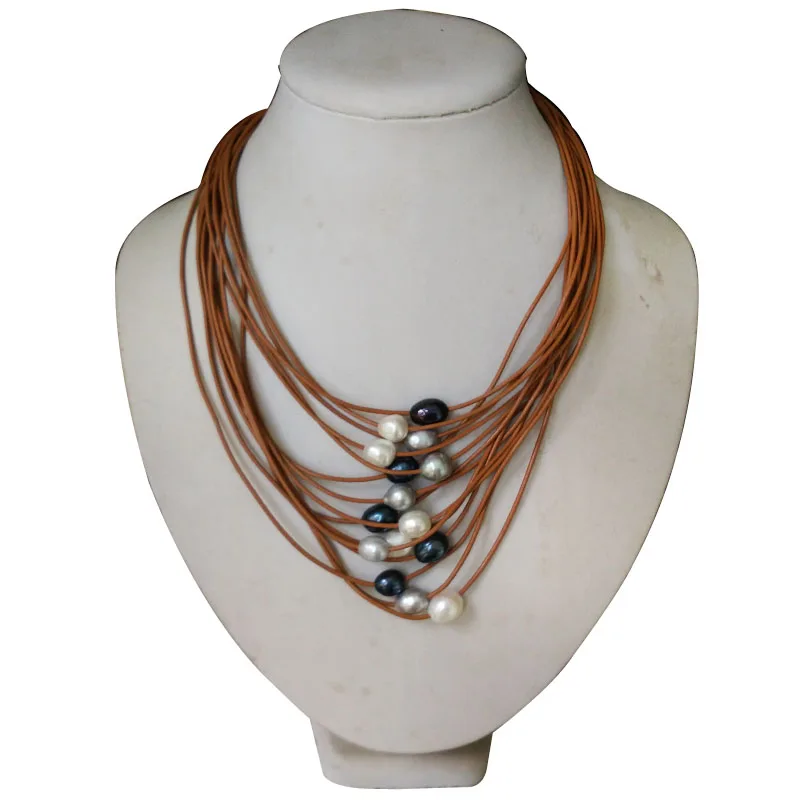 17-24 inches 15 Rows Coffee Natural Leather Multicolor Oval Pearl Necklace