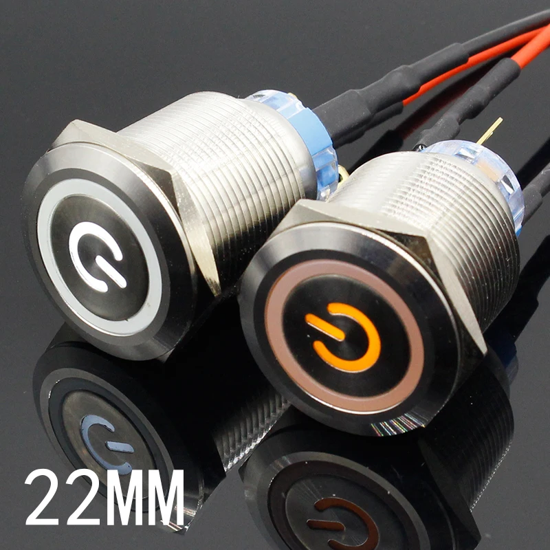 22mm Waterproof Latching Stainless Steel Metal Lamp LED Light Horn Power Push Button Switch Car Auto Engine Start PC 5V 12V 24V