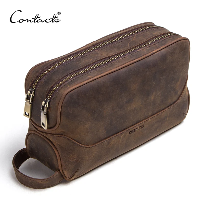 CONTACT\'S crazy horse genuine leather men\'s cosmetic bag male toiletry bag vintage wash bags man\'s make up bags travel organizer