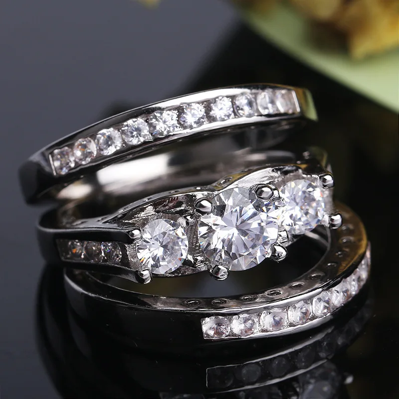 Anti Allergy 3 Rounds Princess Cut Silver Color Jewelry White Clear 5A CZ stones Wedding Bridal Women Plata Rings set Gift