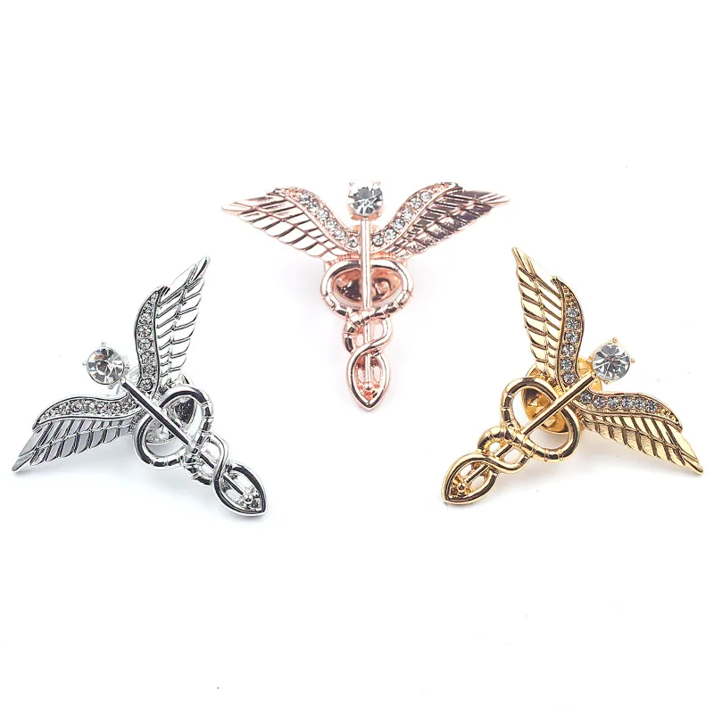 3 Colors Caduceus Large Brooches 3.2CM Brooch Badges Lapel Pin Men Rod Of Asclepius Emergency Crystal Brooch For Medical Staff