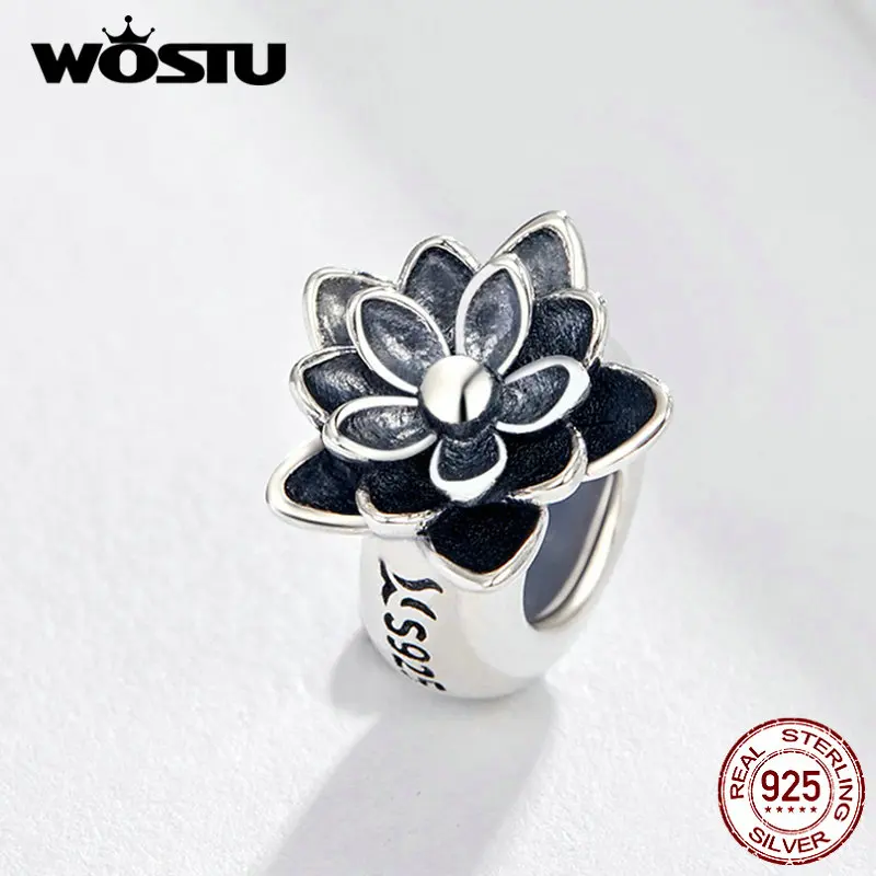 WOSTU Original Black Enamel Lotus Flower Silicone Beads 925 Sterling Silver Fit DIY Bracelet Charms Jewelry Making FIC1196