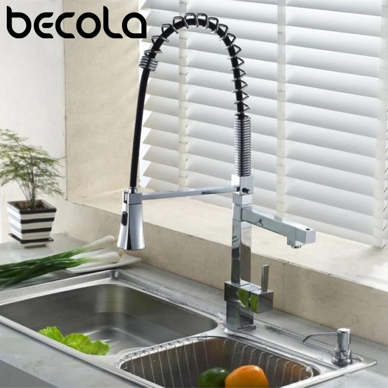 Becola Deck Mount Spring/Pull Out Brass Kitchen Faucet Hot and Cold Chrome Pull Down Spray Water Tap Mixer Luxury Sink  LH-8094