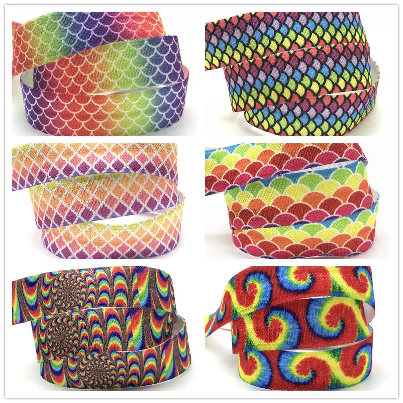 Rainbow Fish Scale Print Fold Over Elastic 16mm Kaleidoscope aztec Pattern FOE Ribbon DIY Sewing Party Accessory 10 yards