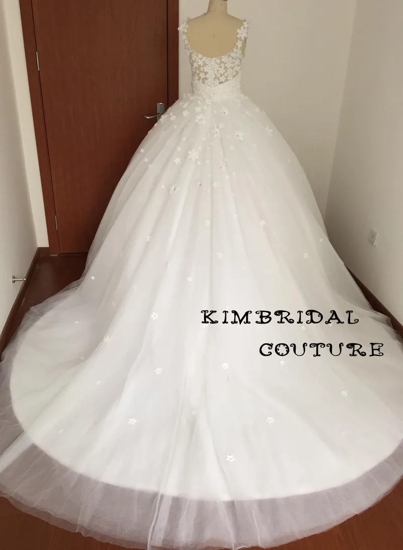 Actual Image Wedding Gowns Court Train Deep V Neck Hand Made Flowers Ball Gown Sheer Wedding Dresses Arabic Real Picture 2017