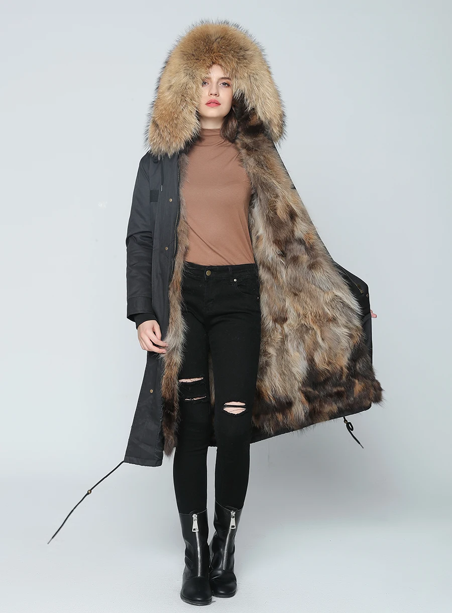 Echter Pelzmantel Winterjacke Damen Langer Parka Wasserdicht Großer Natürlicher Waschbärpelzkragen Kapuze Dick Warm Echter Fuchspelz-Futtermantel – Detail 28