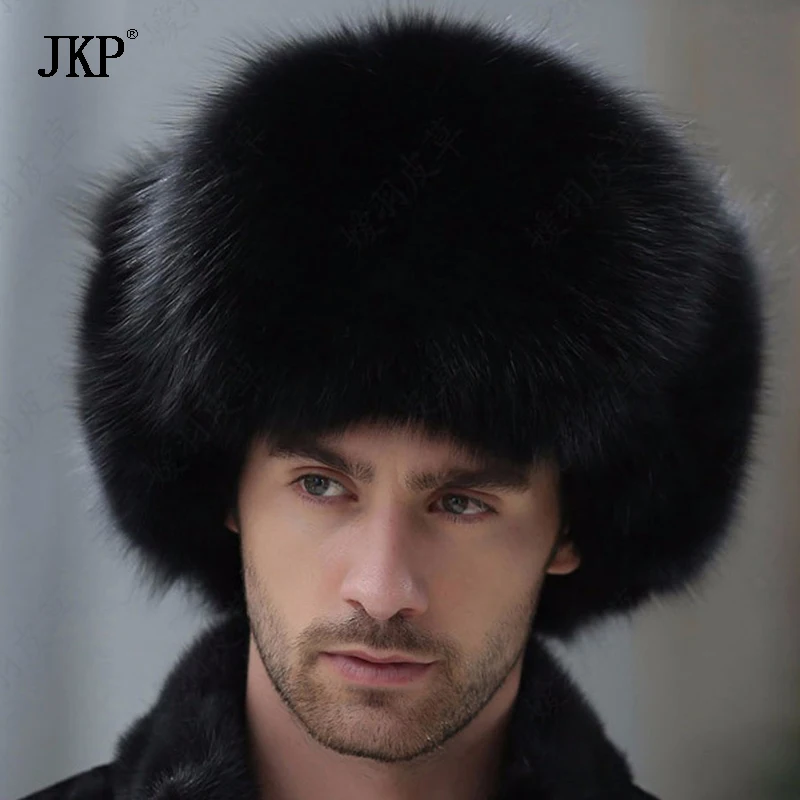 Genuine Silver Fox Fur Hats Men Real Raccoon Fur Lei Feng Cap for Russian Men Bomber Hats with Leather Tops 1002