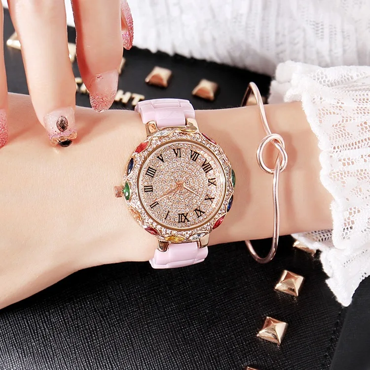 Fashion Pink Ceramic Women Colorful Bracelets Watches Luxury Lady Rhinestone Quartz Wristwatch Full Diamond Crystal Dress Watch