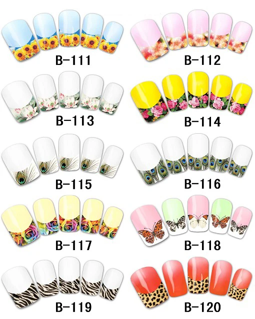 11 hojas/lote de B111-121 de uñas, pluma, leopardo, flor, francés, transferencia de agua, pegatina para Nail Art(11 diseños en 1)