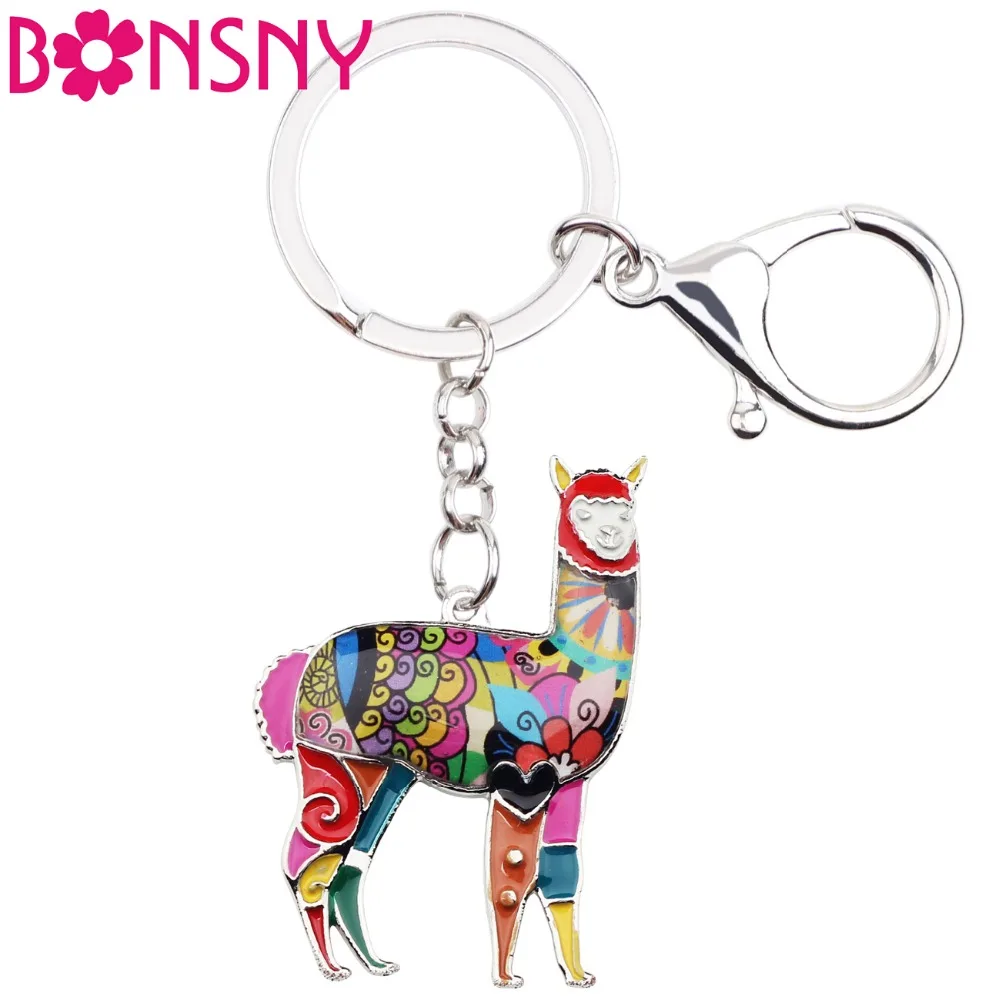 Bonsny Enamel Alloy South American Floral Alpaca Goat Key Chains For Women bag Charms Keyring keychains Fashion Jewelry Unique