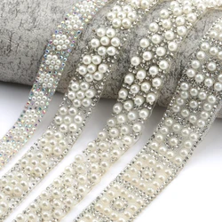 QIAO 1 Yard/lot ABS Round Pearl Beads Trim rhinestone Decoration Strass Ribbon Crystal Appliques for Clothes Shoes Making