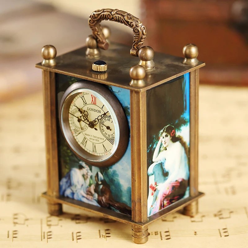 Retro Bronze Oil Painting Style Mini Home Decoration Watch Clock Unique Antique Art Hand-wind Mechanical Pocket Watch Clock Mens