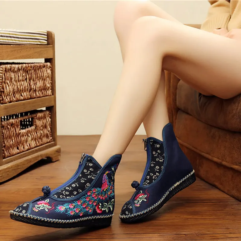 Veowalk Peacock Embroidered Women Canvas Flat Short Boots, Vintage Chinese Embroidery Cotton Booties Ladies Shoes Front Zippers