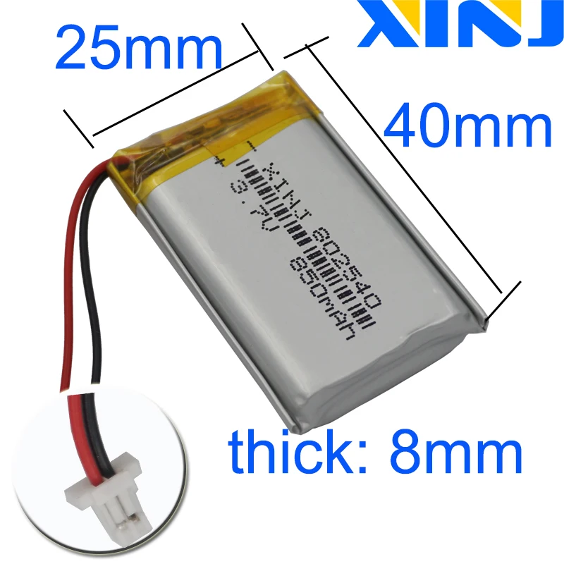 XINJ 10pcs 3.7V 850mAh 2pin JST-PH 1.0mm Polymer Li Lithium Battery Lipo Cell 802540 For Camera PDA Navigation GPS Bluetooth